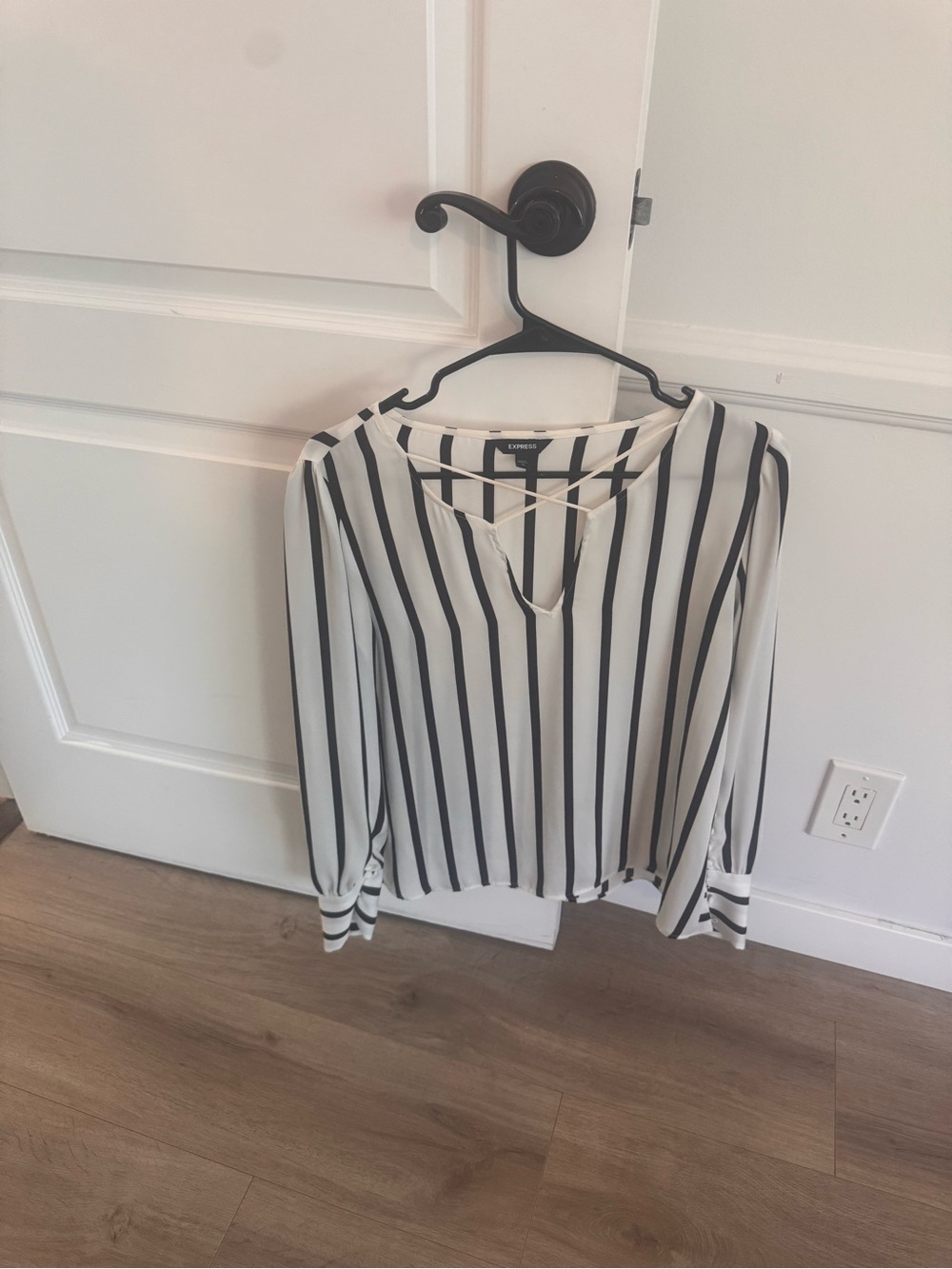 Express White and Black Vertical Stripe V-Neck Blouse with Cross Detail